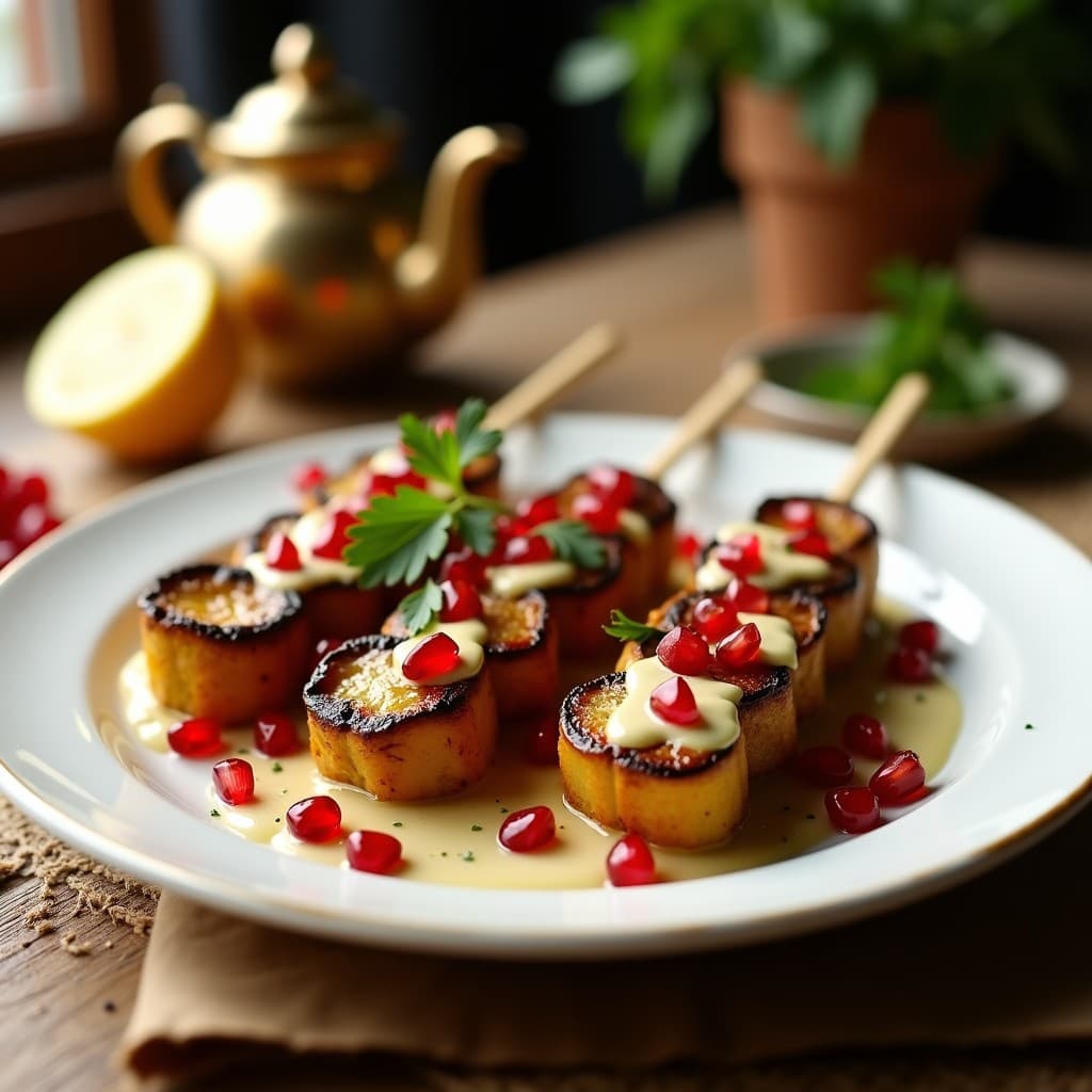 Brochetas de Berenjena Marinada en Tahini y Limón con Granados: Aperitivo Libanés en Airfryer