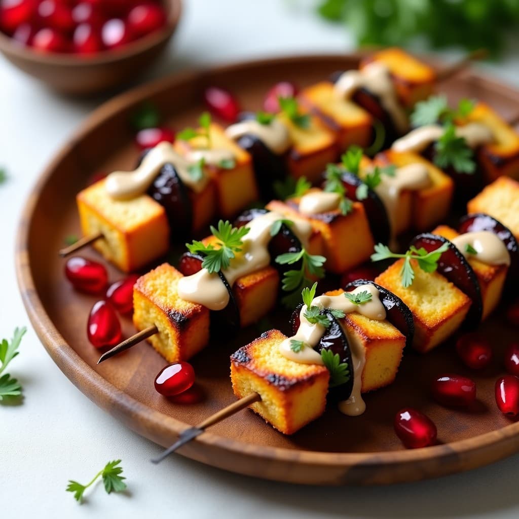 Brochetas de Berenjena y Tofu con Salsa de Tahini y Granada: Entrante Vegano Crujiente