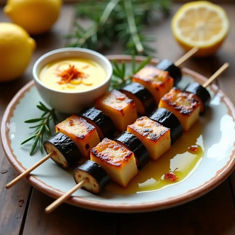 Brochetas de Berenjena Ahumada y Ventresca: Receta Española en Grill con Alioli de Azafrán