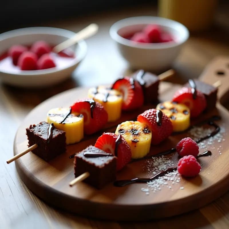 Brochetas de Brownie y Frutas con Coulis de Frambuesa: Postre a la Parrilla Sorprendente