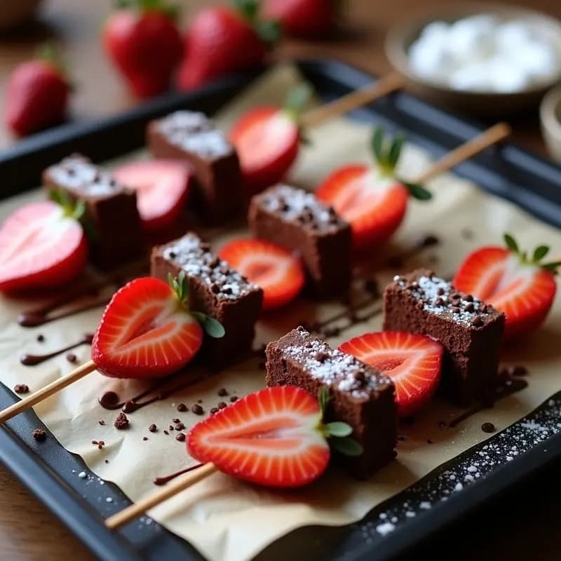 Brochetas de Brownies, Fresas y Malvaviscos Bañadas en Chocolate: Postre para Fiestas