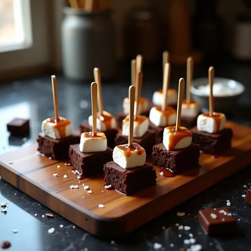 Brochetas de Brownies y Marshmallows Bañadas en Chocolate con Caramelo Salado