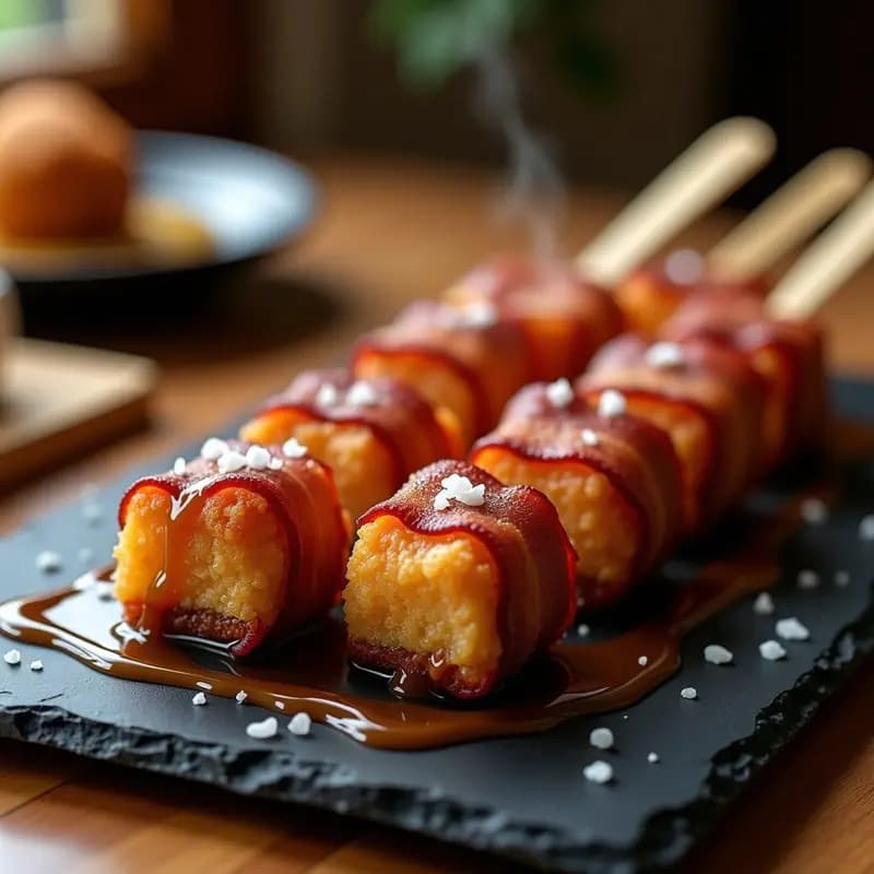 Brochetas de Brownies Rebozados con Bacon y Salsa de Caramelo Salado: Postre Salado-Dulce Irresistible
