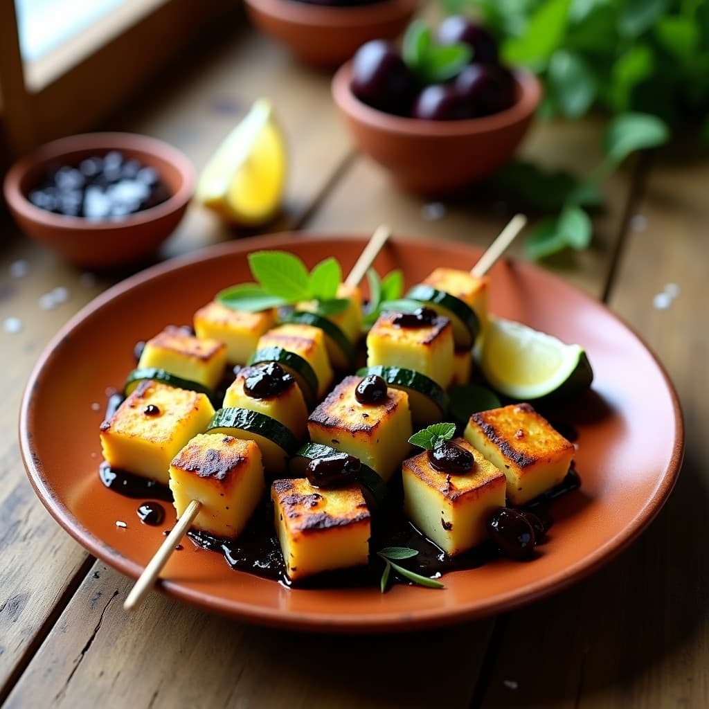 Brochetas de Calabacín y Halloumi con Salsa de Aceitunas Negras: Receta Griega en Grill