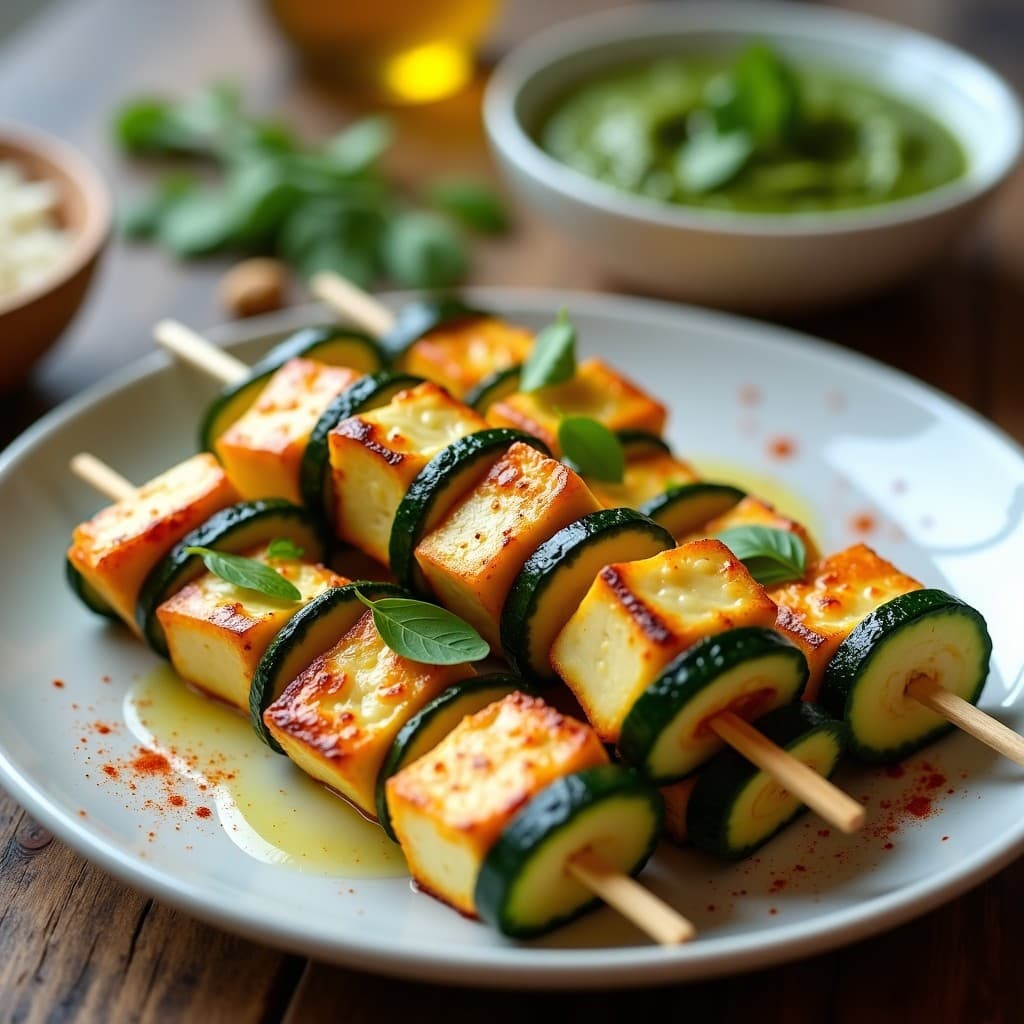 Brochetas de Calabacín y Queso Halloumi con Pesto de Rúcula: Receta en Airfryer Vegetariana