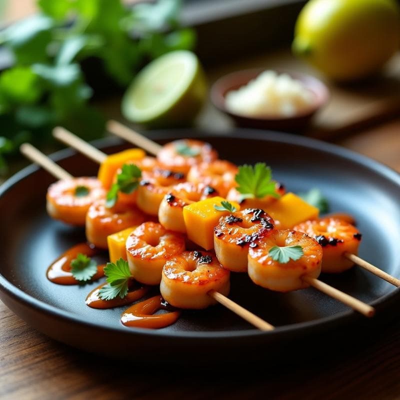 Brochetas de Camarón y Mango con Glaseado de Miel de Agave y Lima: Aperitivo Tailandés en 15 Minutos