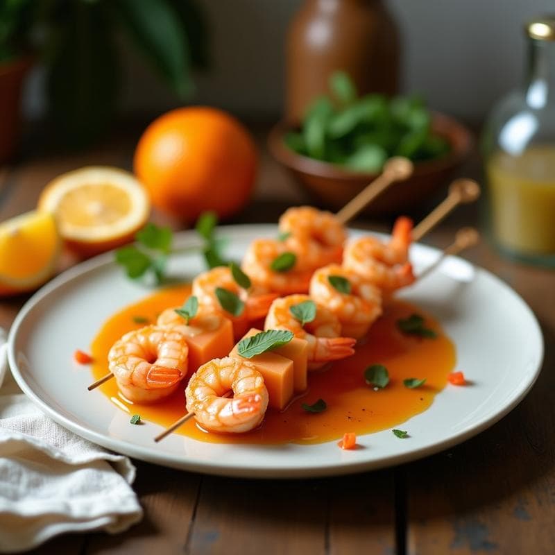 Brochetas de Camarón y Melón Cantalupo con Salsa de Cítricos: Receta de Fusión Asiática en 15 Minutos