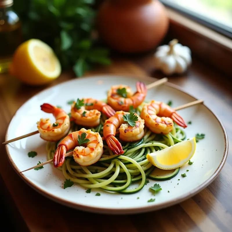 Brochetas de Camarones al Ajillo y Limón con Espaguetis de Calabacín: Receta Española Keto en 15 Minutos