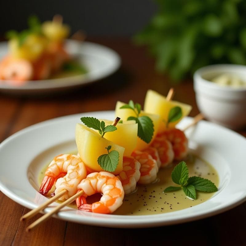 Brochetas de Camarones y Melón con Salsa de Hierbabuena: Entrante Libanés Fresco