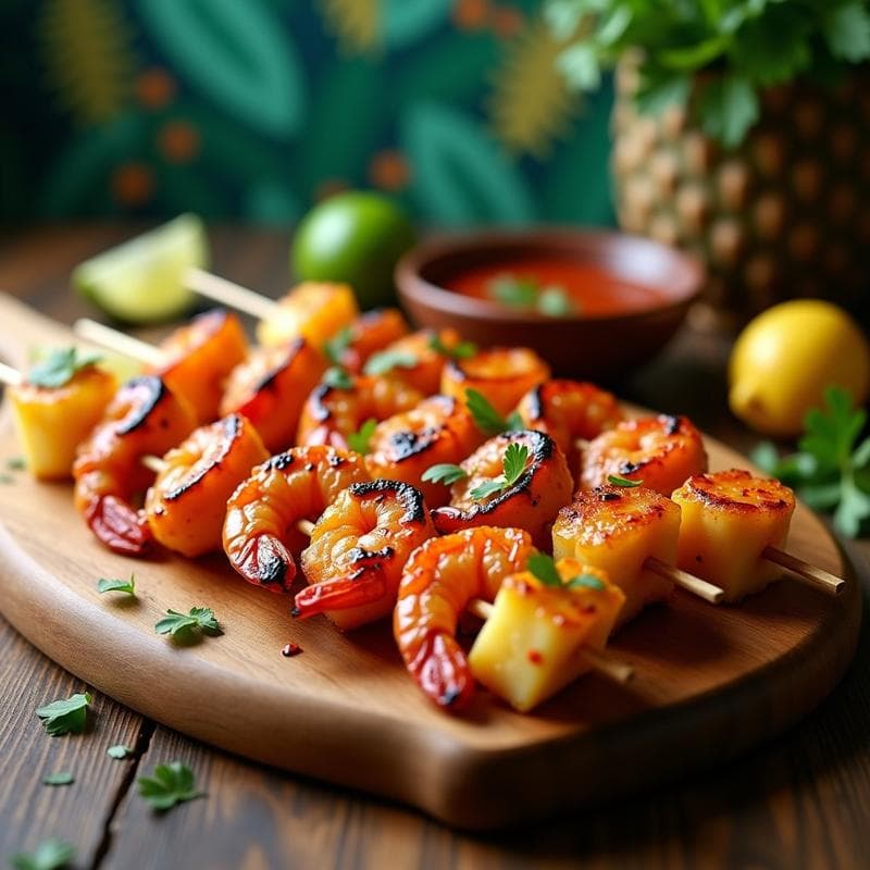 Brochetas de Camarones y Piña con Marinada de Achiote: Receta Caribbeña en Airfryer