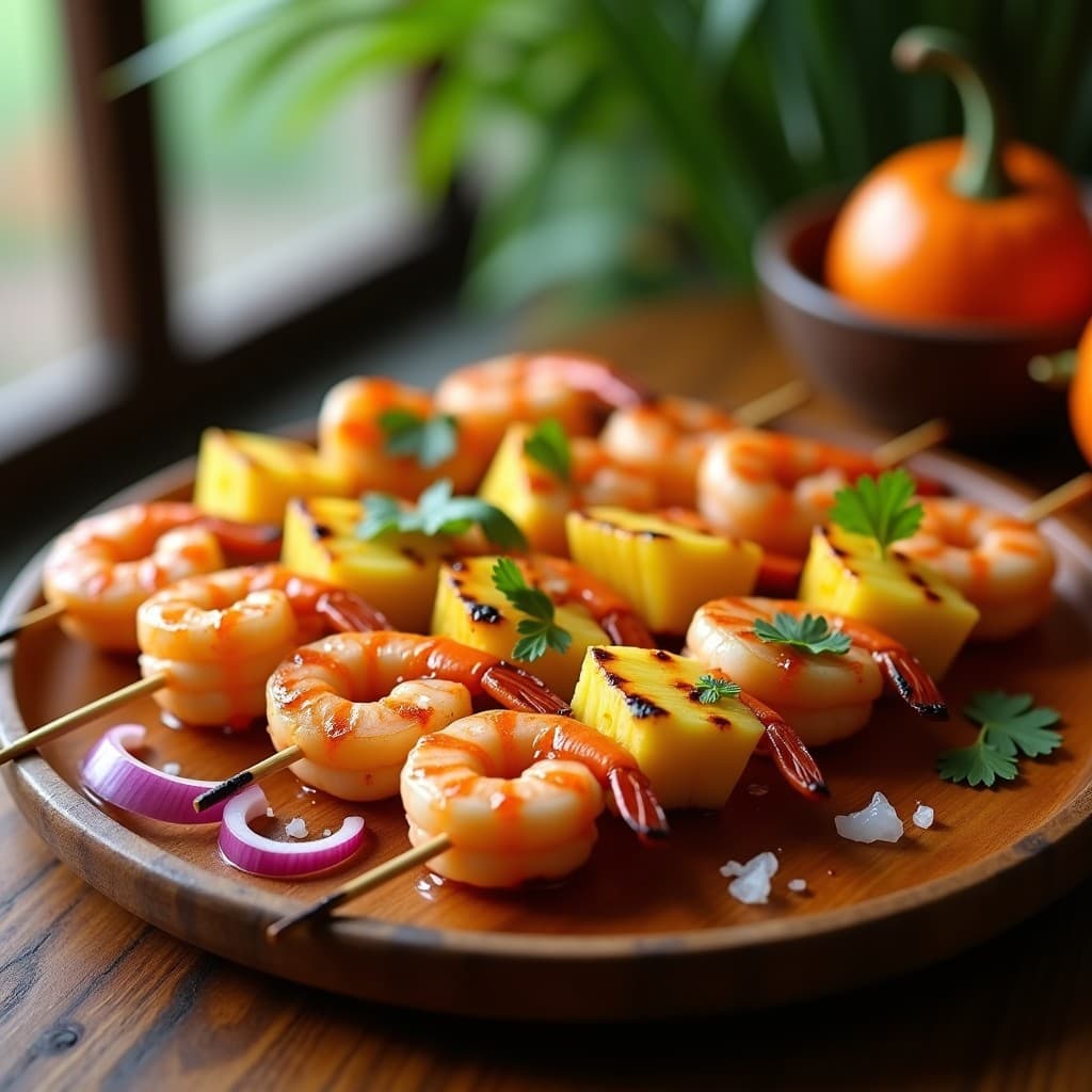 Brochetas de Camarones y Piña con Salsa de Mango: Receta Caribena en Grill para Fiesta