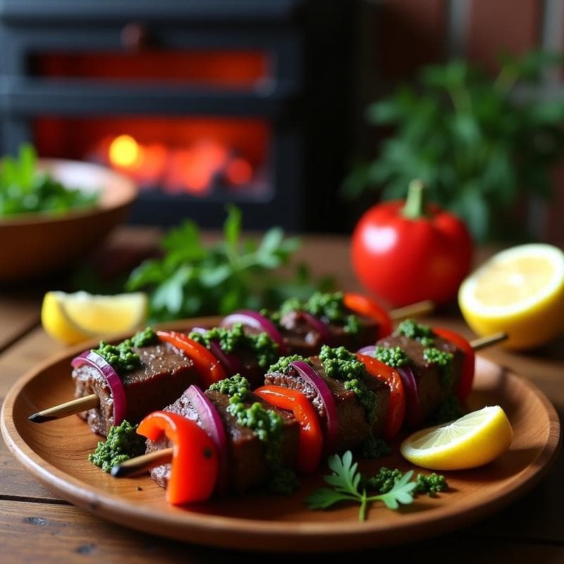 Brochetas de Carne de Res Marrada con Chimichurri: Receta Argentina a la Parrilla