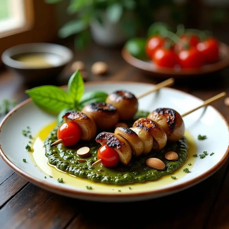 Brochetas de champiñones portobello y tomate cherry con pesto de aceitunas kalamata: Receta griega en grill