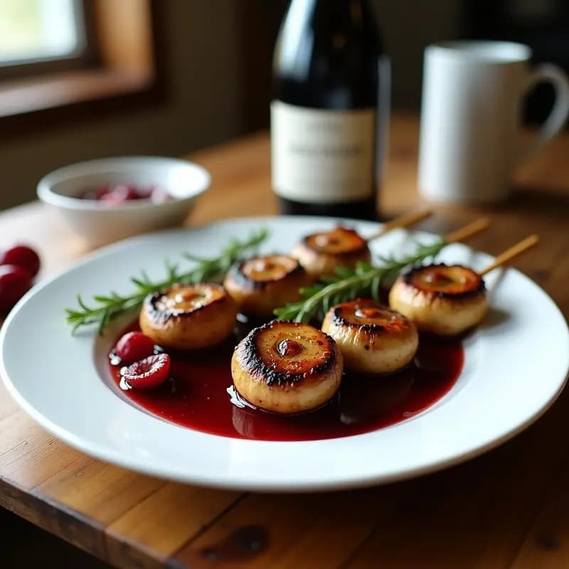 Brochetas de Champiñones Portobello Marinados en Vino Tinto con Reducción de Arándanos: Receta Francesa en Airfryer