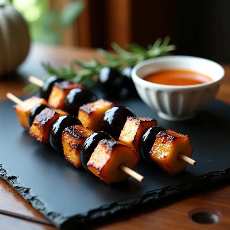 Brochetas de Champiñones Portobello y Uvas con Salsa de Romesco: Entrante Español Gourmet