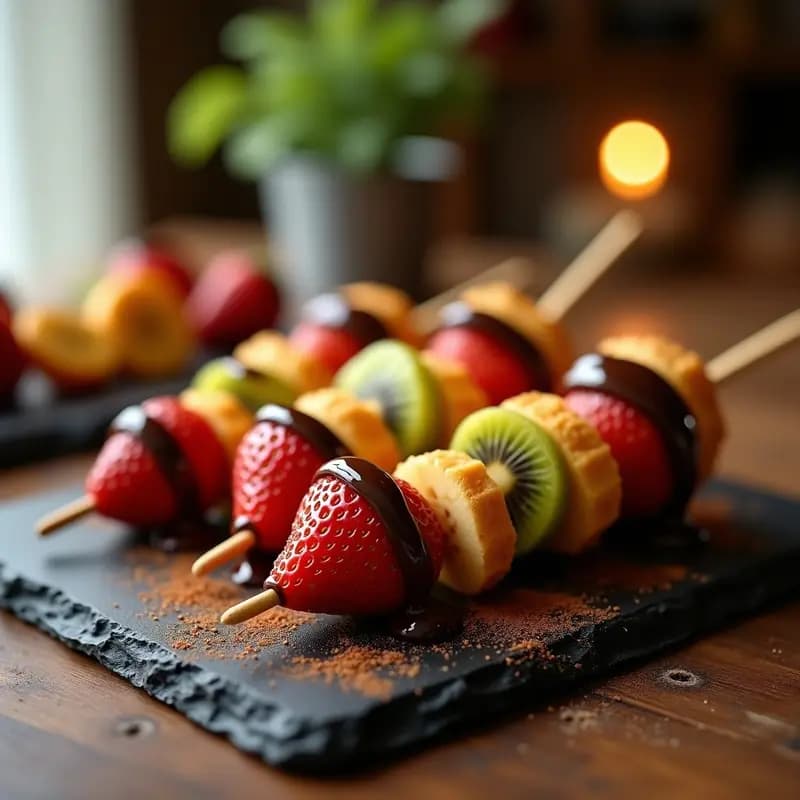 Brochetas de Churros y Frutas con Baño de Chocolate: Postre en palito para fiestas