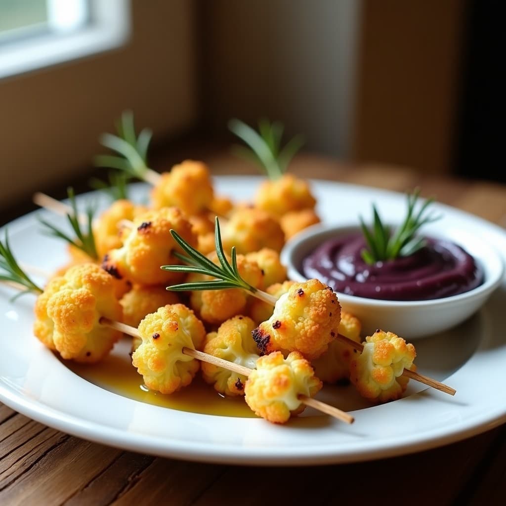 Brochetas de Coliflor al Romero con Dip de Aceitunas Kalamata: Aperitivo Griego Keto en 12 Minutos