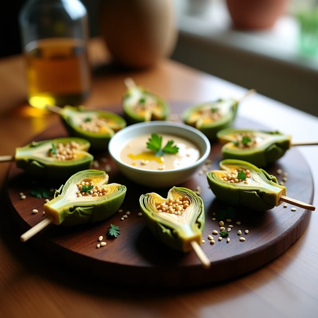 Brochetas de Corazón de Alcachofa Marinado: Aperitivo Crudivegano con Salsa de Tahini