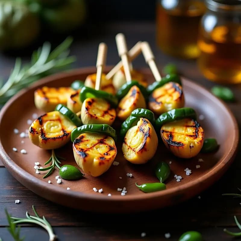 Brochetas de Corazón de Alcachofa y Pimientos del Padrón: Receta Española en Grill con Toque Ahumado