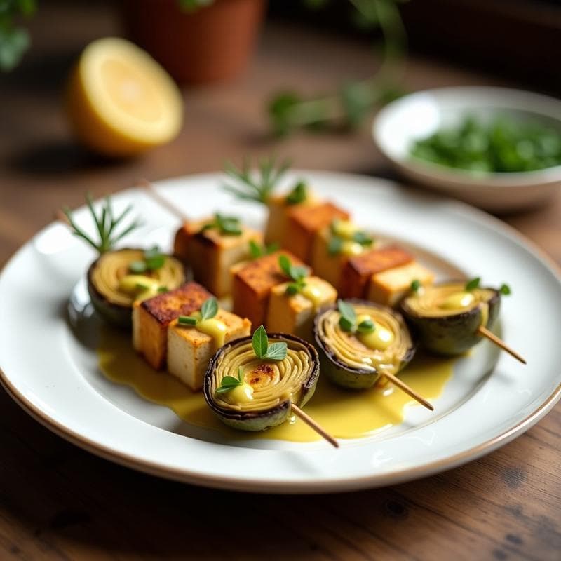 Brochetas de Corazón de Alcachofa y Tofu con Vinagreta de Mostaza de Dijon: Receta Vegana Gourmet