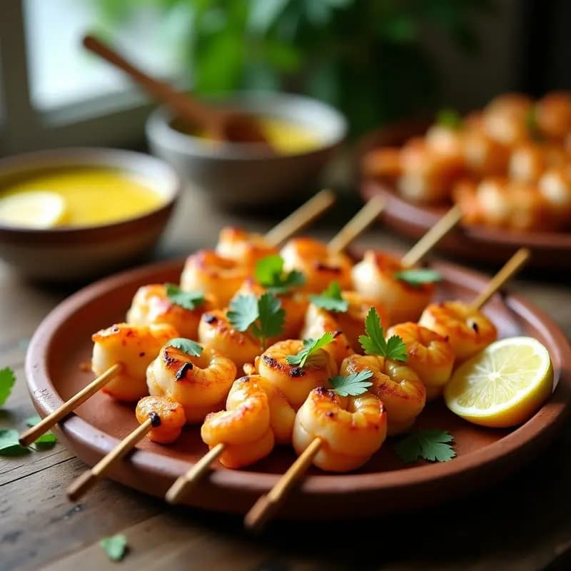 Brochetas de Corazón de Palma y Gambas: Receta Brasilera con Salsa de Aceite de Dendê y Limón