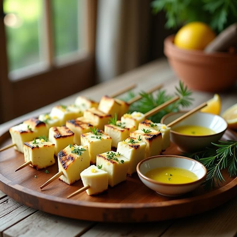 Brochetas de Corazón de Palma y Queso Feta: Receta Vegetariana al Grill con Vinagreta de Limón y Eneldo