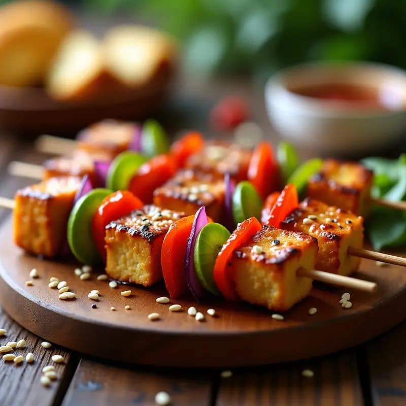 Brochetas de Corazón de Palma y Tofu con Glaseado Teriyaki: Aperitivo Brasileño en Grill