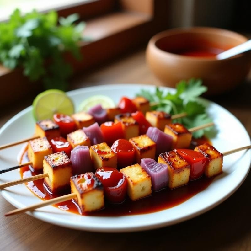Brochetas de Corazón de Palma y Tofu Ahumado: Receta Vegana con Glaseado de Tamarindo