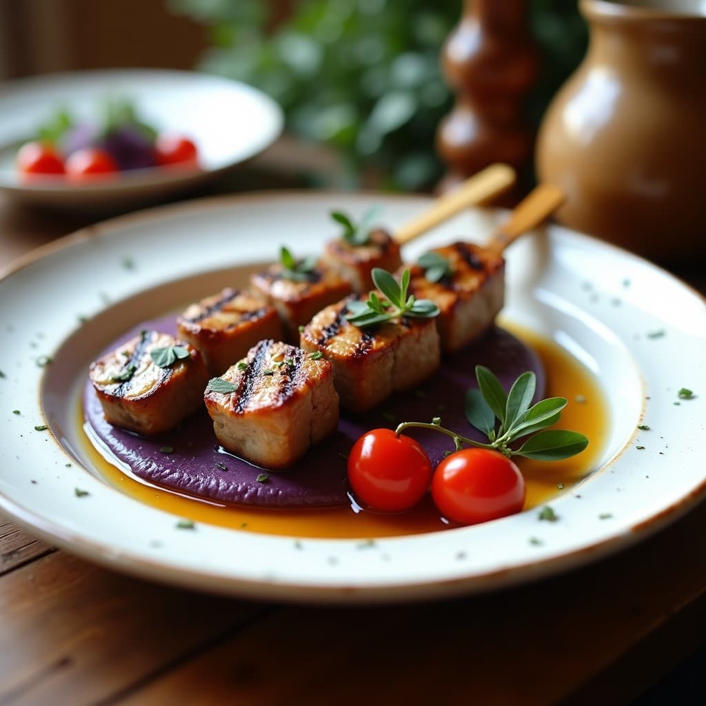 Brochetas de Cordero con Hierbas Provenzales y Puré de Berenjena: Receta Francesa Gourmet en Grill