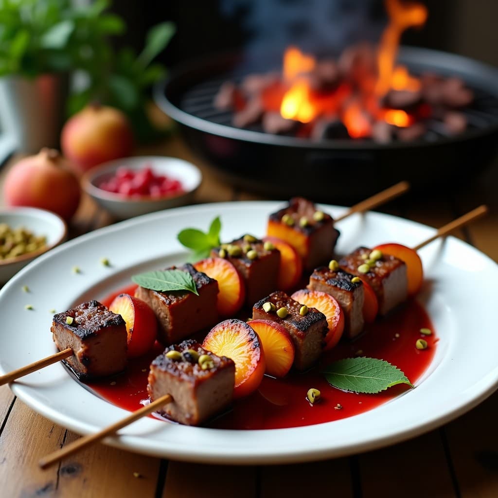 Brochetas de Cordero Marinado con Melocotón y Salsa de Granado: Receta Árabe en Grill