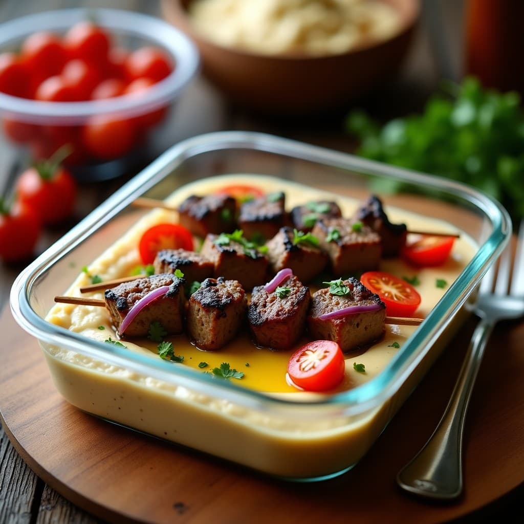 Brochetas de Cordero con Puré de Garbanzos y Tahini: Receta Libanesa en Grill para Tupper