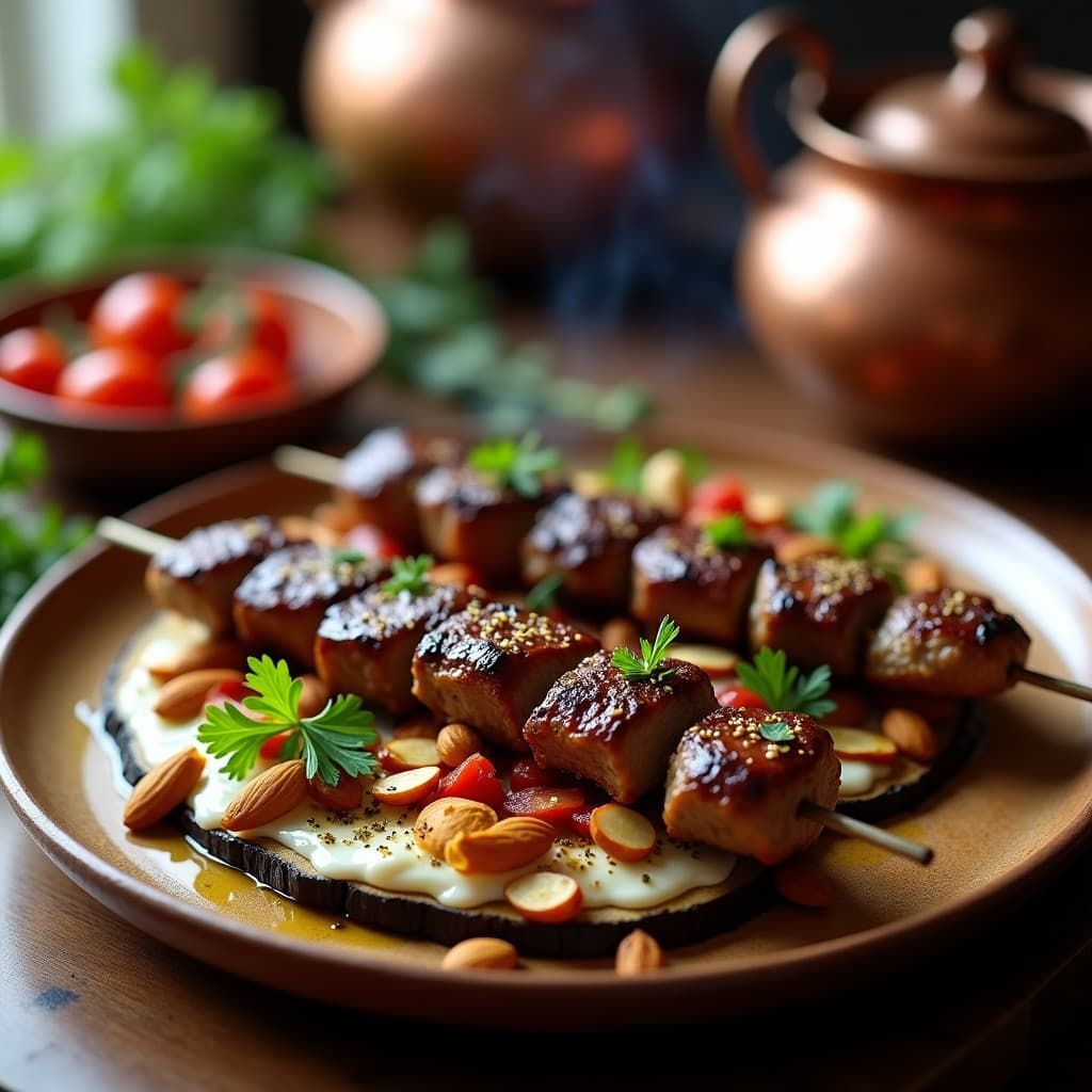 Brochetas de Cordero Marinadas en Rakı y Hierbas: Receta Turca en Grill con Ensalada de Berenjena