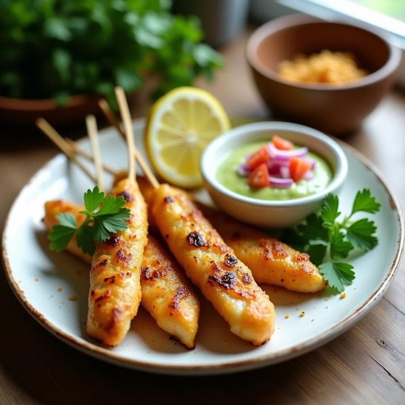 Brochetas de Corvina Marinada en Limón y Cilantro con Salsa de Aguacate: Receta Peruana en Airfryer