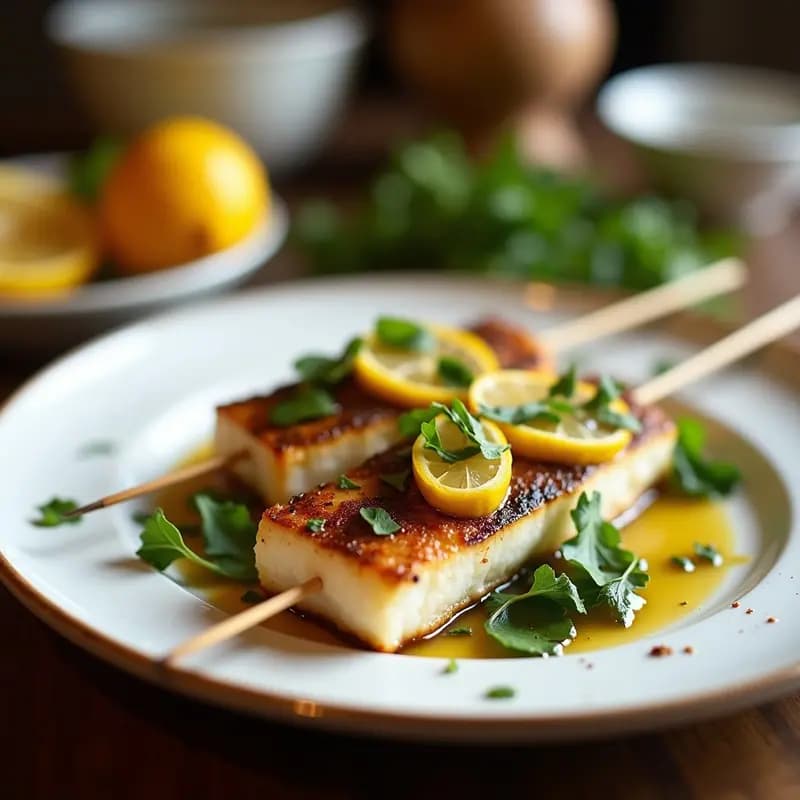 Brochetas de Corvina y Limón Confitado con Salsa de Hierbas Provenzales: Receta Francesa en Grill
