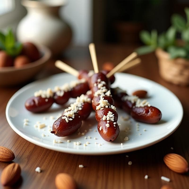 Brochetas de Dátiles Medjool Rellenos de Almendras y Coco Rallado: Postre Árabe Sin Horno