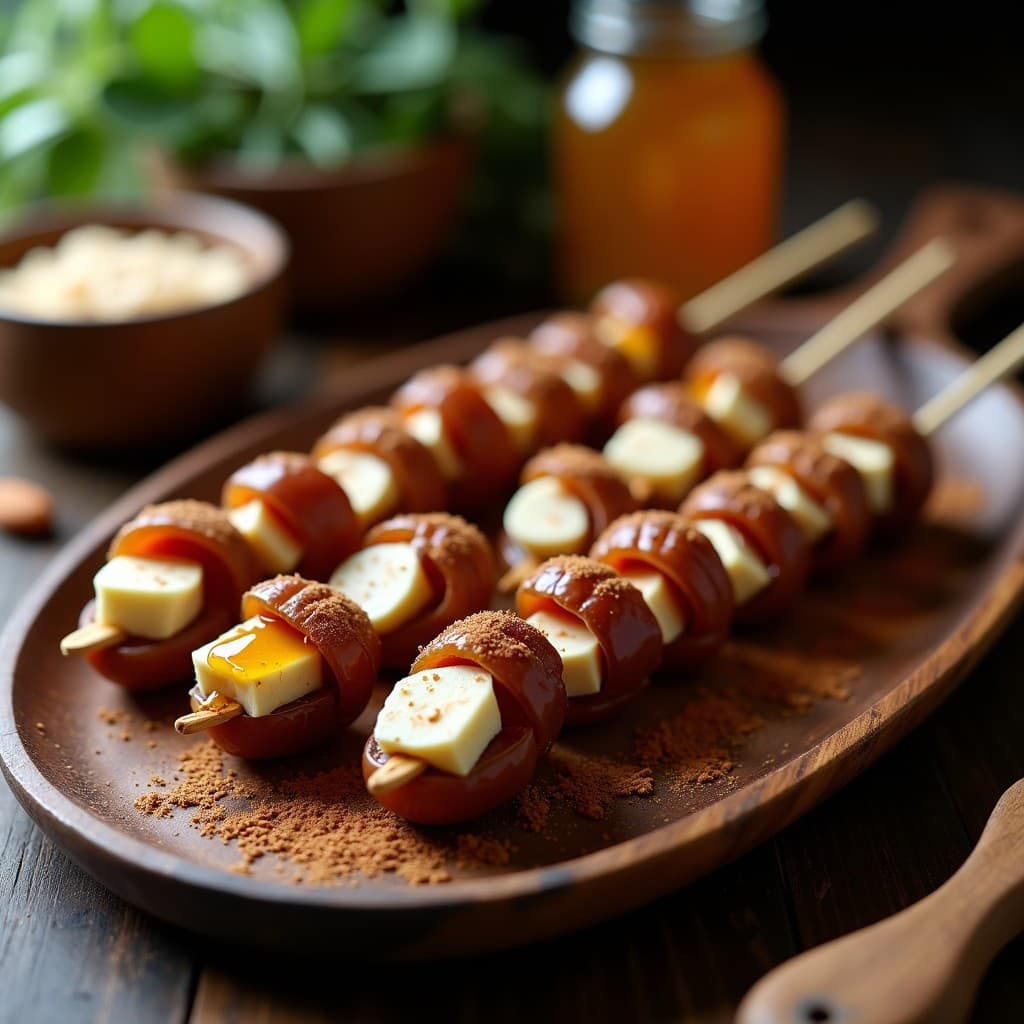 Brochetas de Dátiles y Queso de Almendras con Miel de Tomillo: Postre Árabe Keto en 10 Minutos