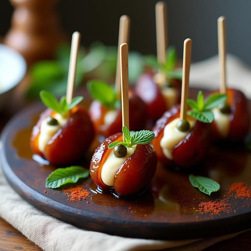 Brochetas de Dátiles Rellenos de Queso de Anacardos y Alcaparras: Aperitivo Dulce-Salado en 15 Minutos