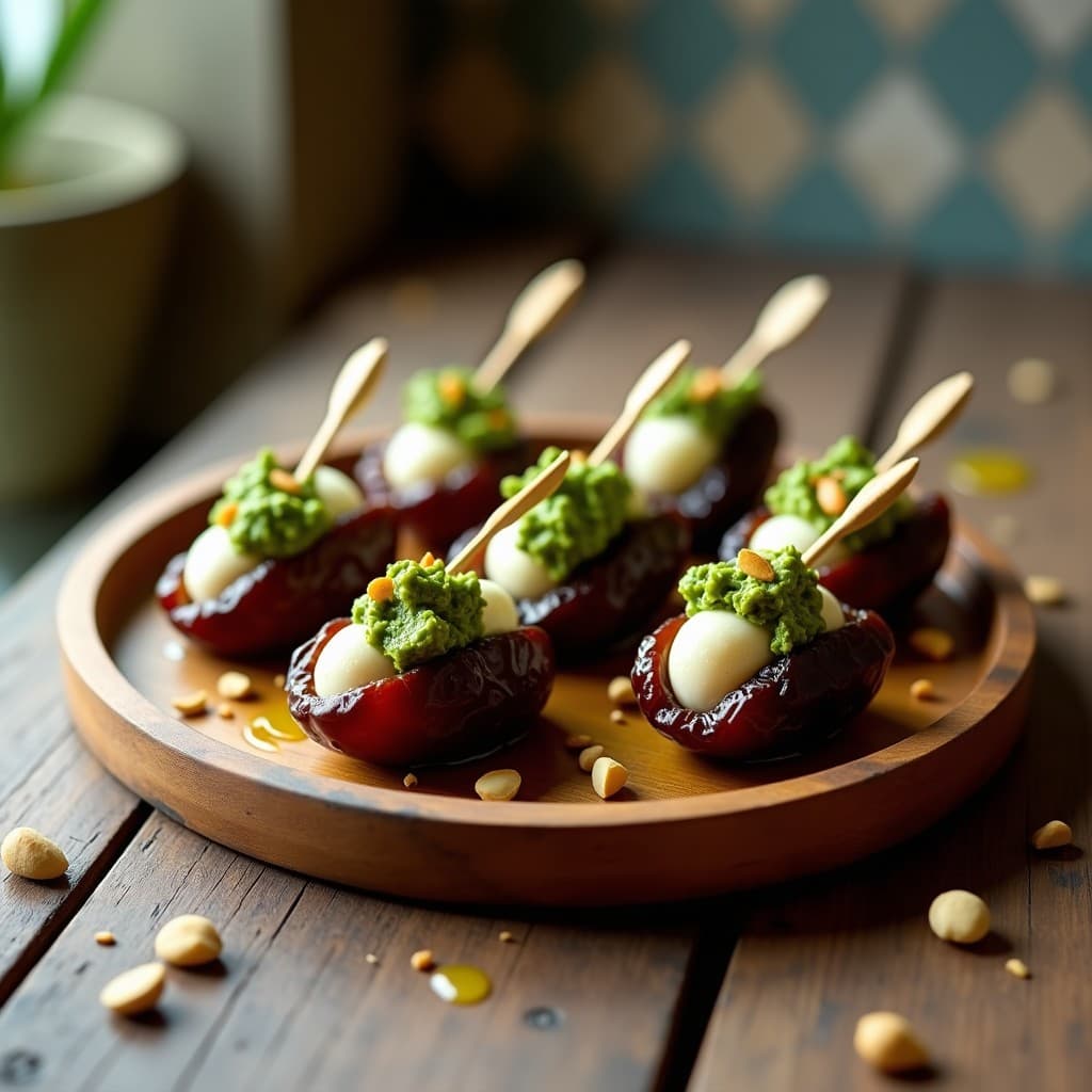 Brochetas de Dátiles con Queso de Anacardos y Pesto de Hojas de Olivo: Aperitivo Griego Vegano