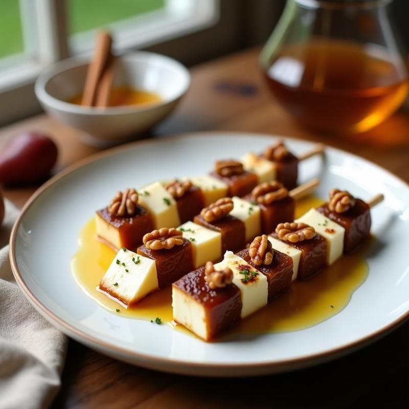Brochetas de Dátiles y Queso de Cabra con Reducción de Miel: Aperitivo Gourmet en 15 Minutos