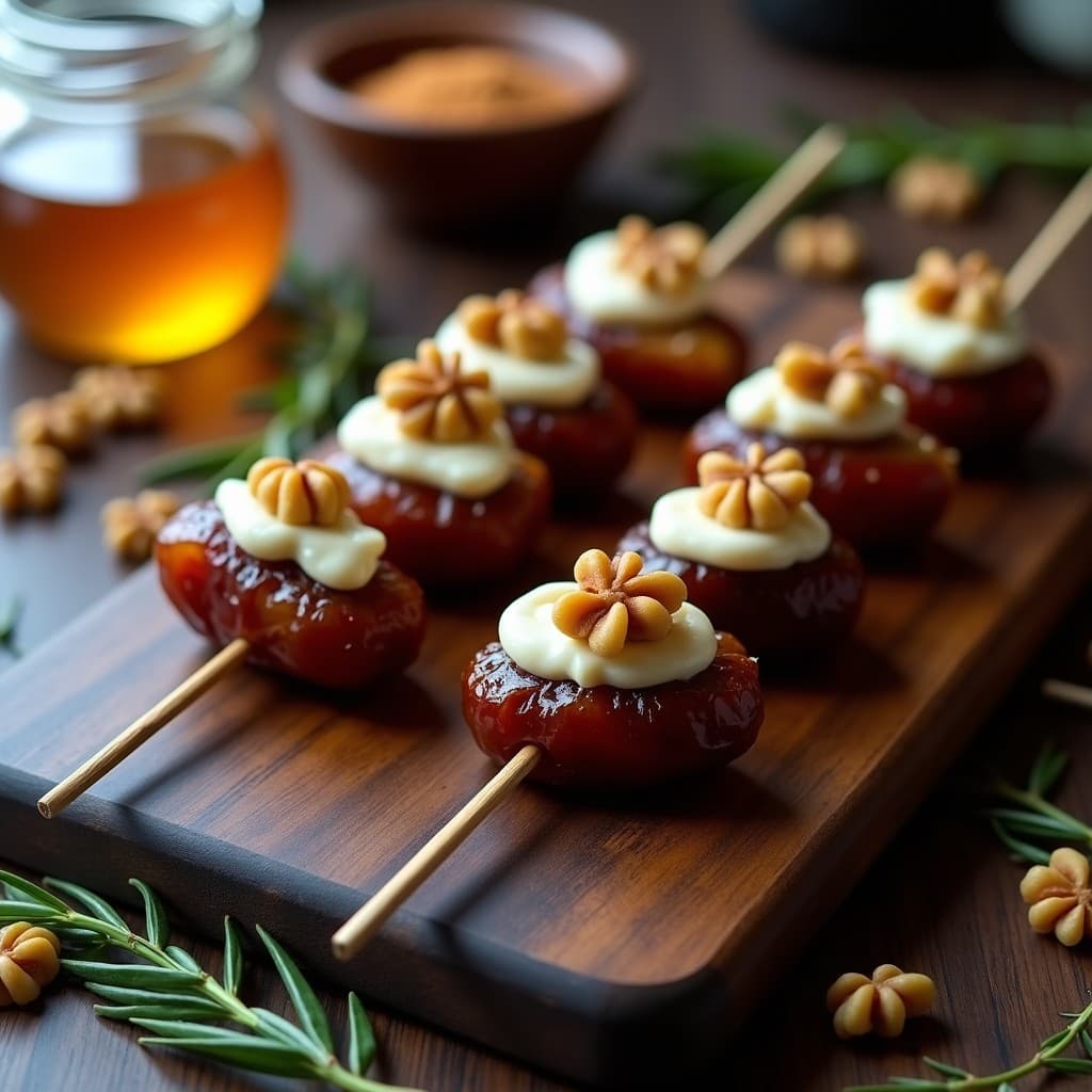 Brochetas de Dátiles Rellenos de Queso de Cabra y Nueces: Postre Dulce-Salado en 10 Minutos