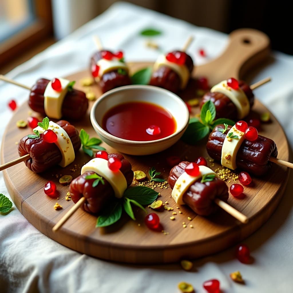 Brochetas de Dátiles y Queso de Cabra con Vinagreta de Granada: Entrante Persa Dulce-Salado