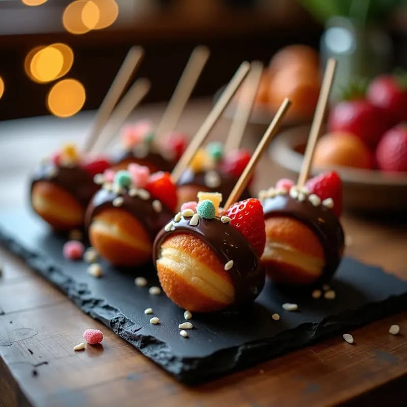Brochetas de Donut, Fresa y Chocolate Negro: Postre en Palito para Fiestas