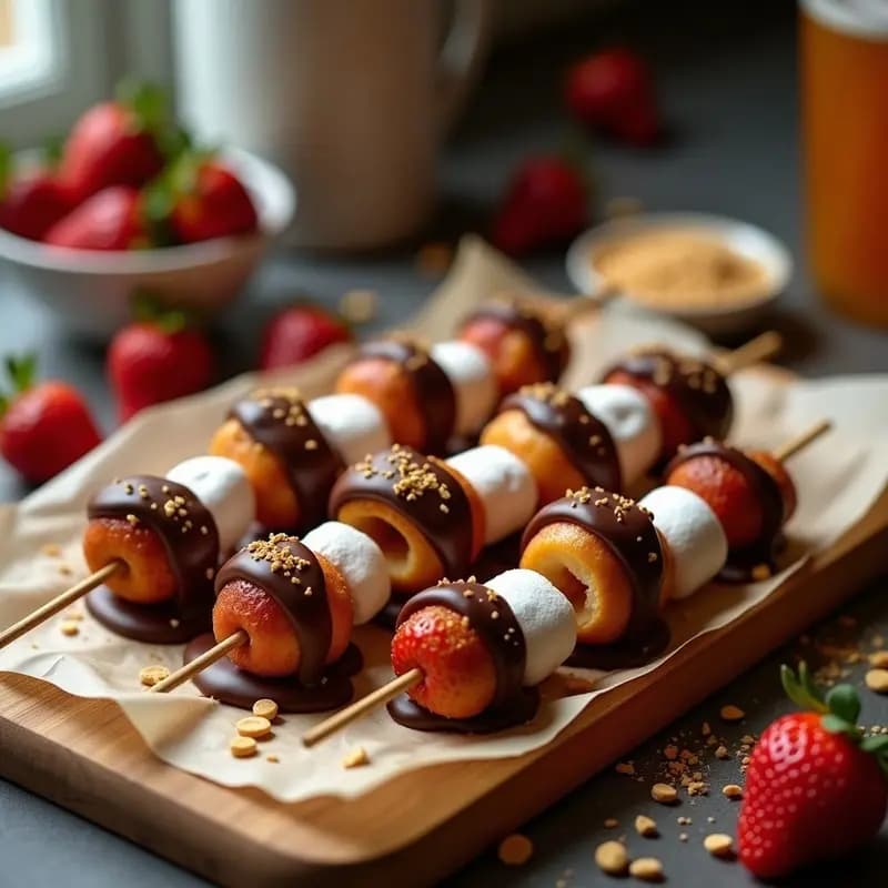 Brochetas de Donuts, Fresas y Marshmallows Bañadas en Chocolate: Postre a la Parrilla o en Airfryer