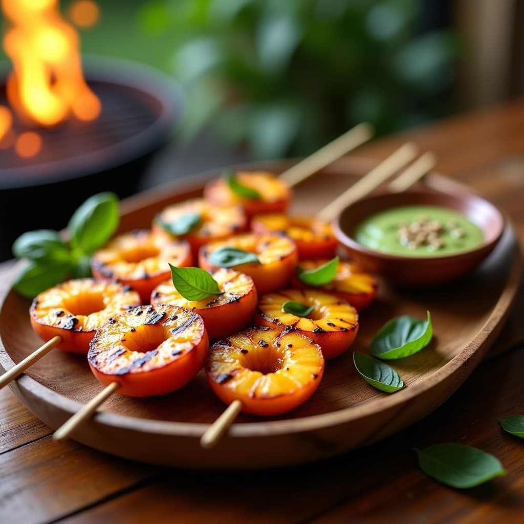 Brochetas de Durazno y Halloumi con Salsa de Albahaca: Postre Salado en Grill