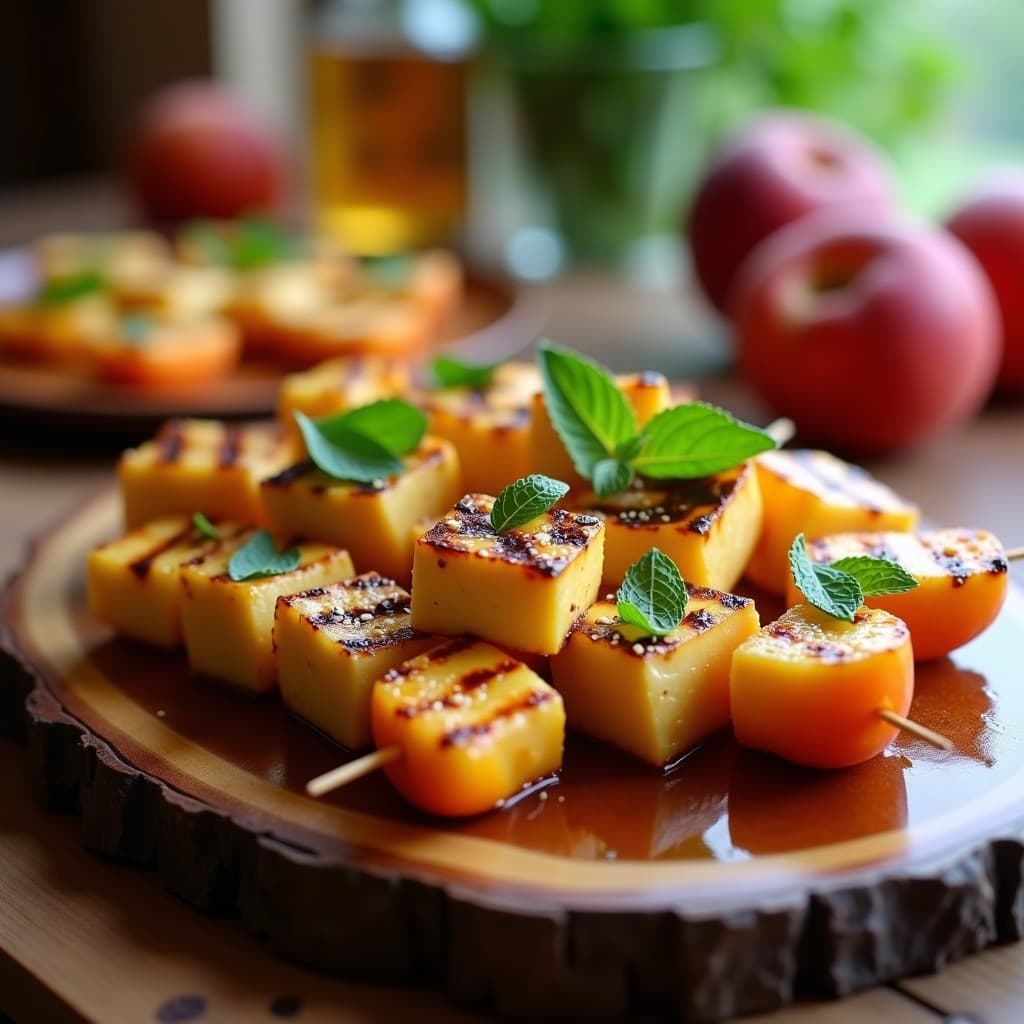 Brochetas de Durazno y Halloumi con Miel de Trufa: Aperitivo Griega Gourmet en Grill