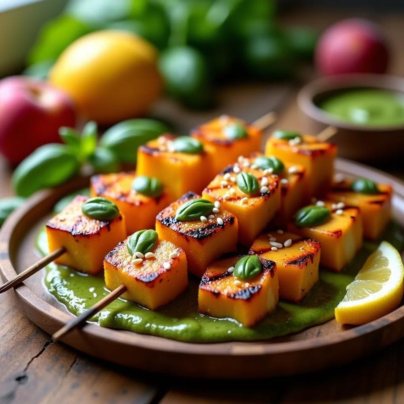 Brochetas de Durazno y Halloumi a la Parrilla con Salsa de Albahaca: Aperitivo Vegano Gourmet