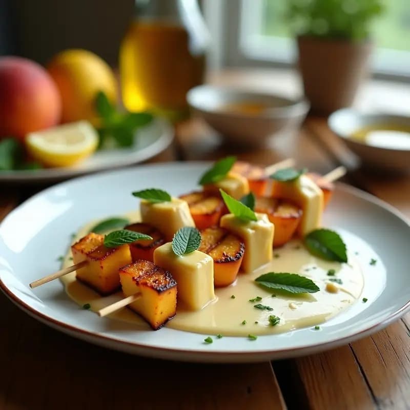 Brochetas de Durazno y Halloumi con Salsa de Menta: Aperitivo Griego en Grill