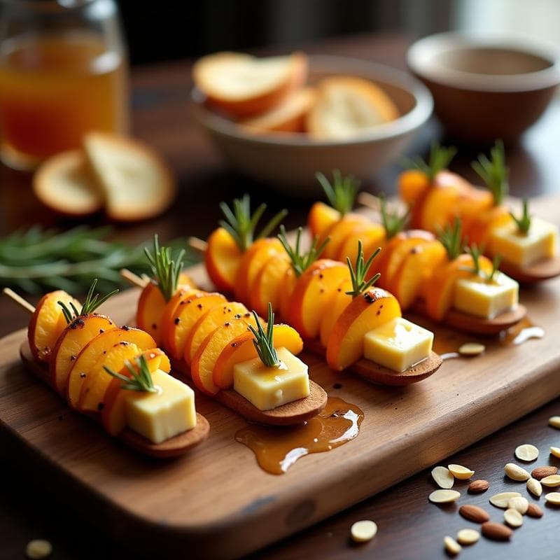 Brochetas de Durazno y Queso Brie: Aperitivo Francés con Miel y Romero en 15 Minutos