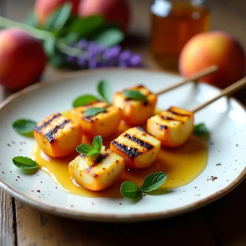 Brochetas de Durazno y Queso de Cabra: Postre Francés en Grill con Miel de Lavanda
