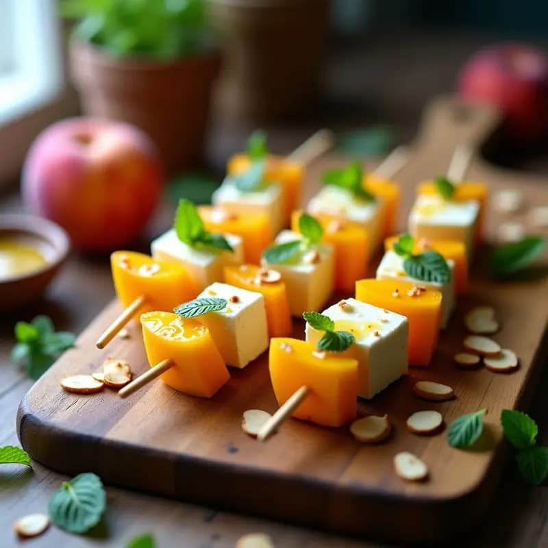 Brochetas de Durazno y Queso de Cabra con Vinagreta de Miel y Mostaza: Aperitivo dulce-salado